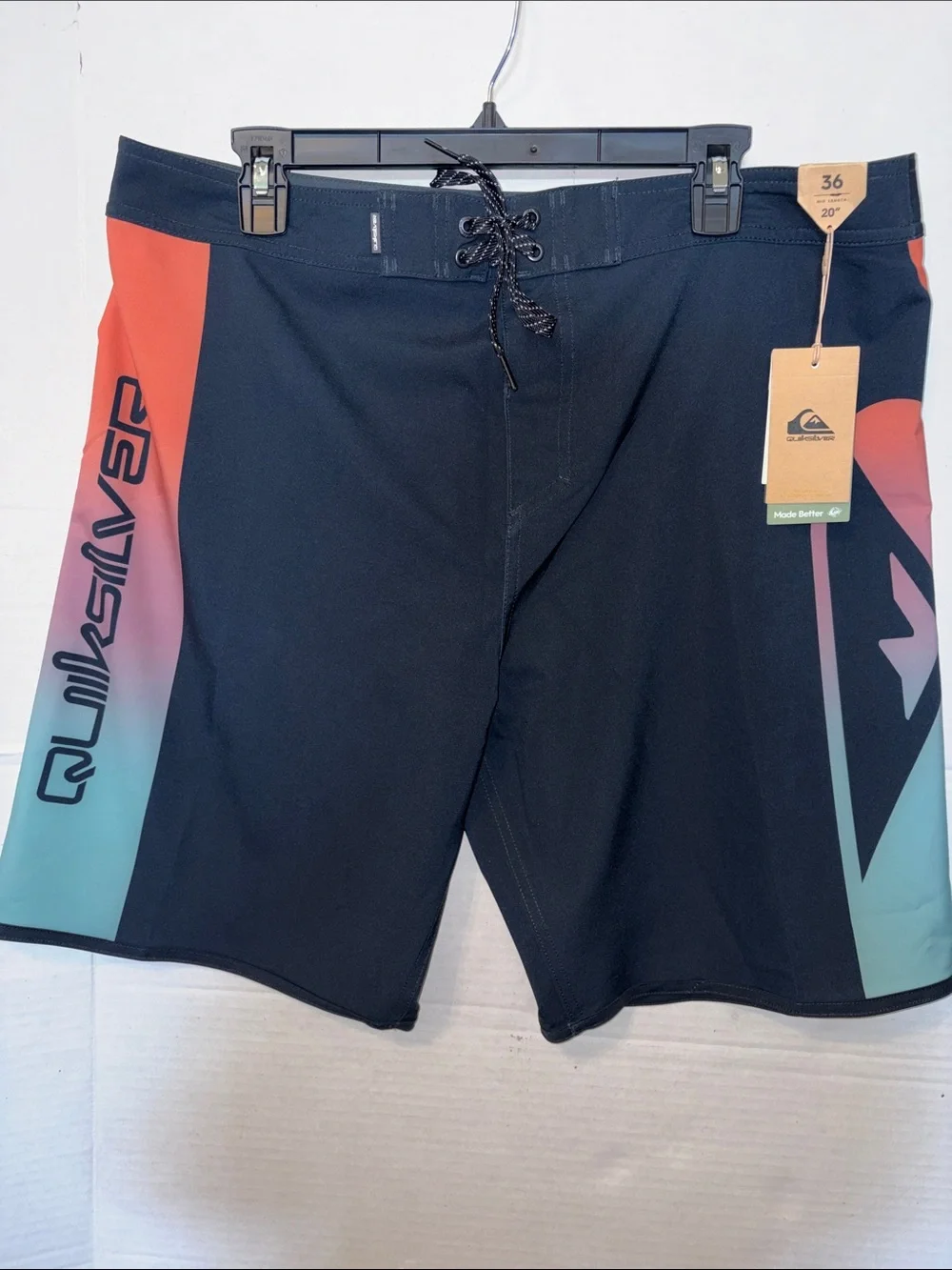 Quiksilver Men’s Black Boardshorts with Coral-to-Teal Gradient Panels